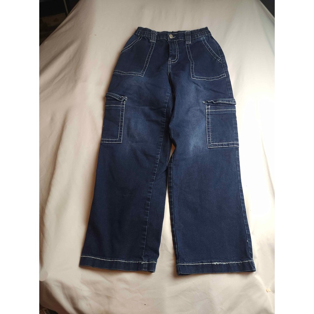 Almost Famous Dark Wash Contrast Stitch Cargo Wide Leg Jeans Womens Medium